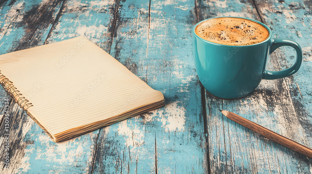 Poster coffee and notepad on wooden table home office setting productivity essentials