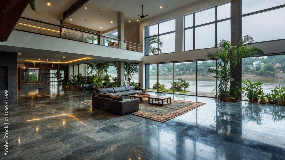 Poster modern open-plan home design by the ganges river luxurious interior serene environment inviting view