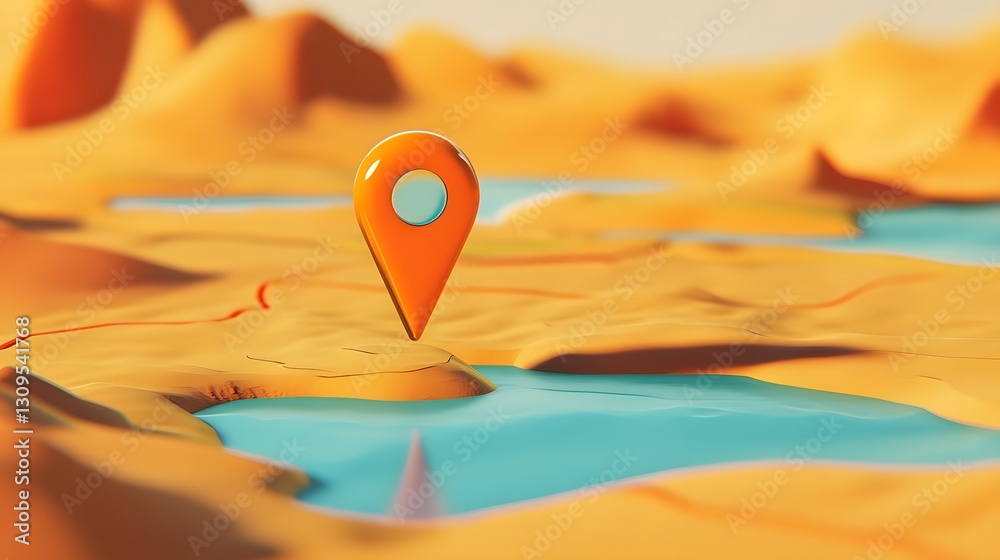 Poster Vibrant red map location pin or marker icon placed over colorful textured landscape background representing and discovery concepts
