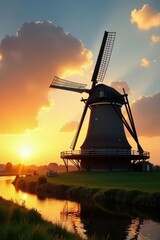 Golden light bathes classic Dutch windmill; blades stand out sharply against vibrant sky , traditional, orange
