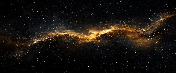 Fototapeta premium Golden cosmic nebula swirls in dark space.