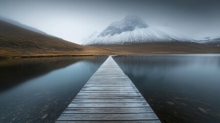 Serene Lake with Wooden Dock Under Misty Mountains in Overcast Weather