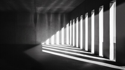 Fototapeta premium Striking black and white photograph showcasing the interplay of light and shadow in a modern concrete structure. The strong contrast creates a dramatic and architectural feel.