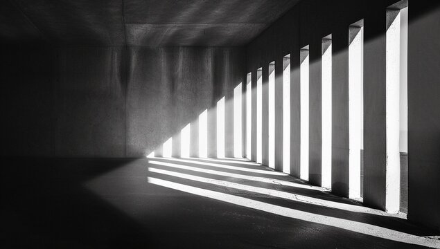 Striking black and white photograph showcasing the interplay of light and shadow in a modern concrete structure. The strong contrast creates a dramatic and architectural feel.