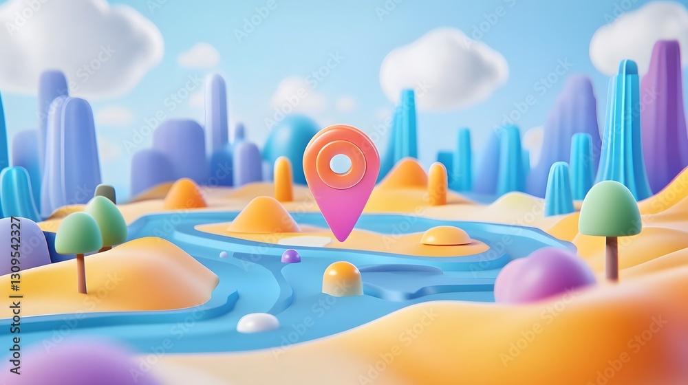 Aufkleber Vibrant Surreal Geometric 3D Landscape with Colorful Abstract Shapes and Patterns in Minimalist Contemporary Digital Art Imaginary Futuristic Scene with Organic Forms Vibrant Colors