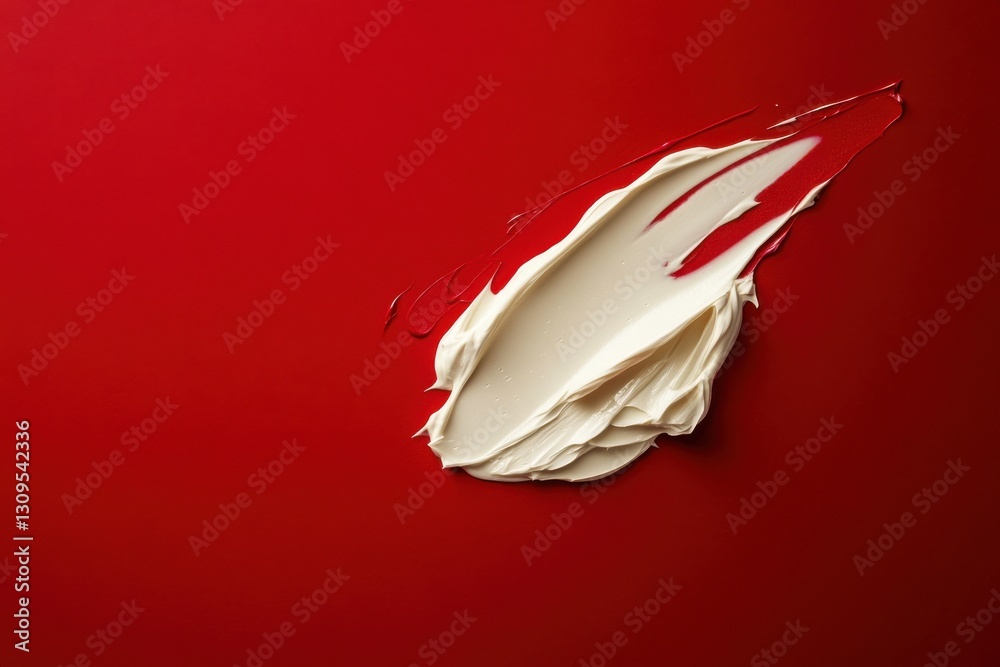Poster creamy texture spreads across a vibrant red background, showcasing contrast and artistic flair in a 