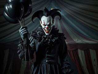 Sinister clown with black balloons at carnival