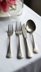 Immaculately arranged cutlery on a white tablecloth , kitchen, knife, domestic