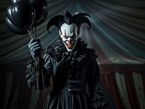 Sinister clown with black balloons at carnival