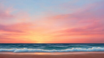 Obraz premium Serene sunset over ocean waves gently lapping sandy beach.