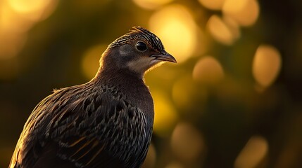 Obraz premium Close-up of a pretty Gambel's Quail distinctive plumage glowing in soft warm light blurred natural background deep cinematic tone 