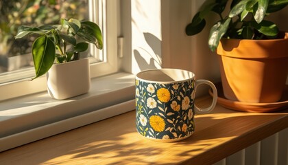 Floral Mug on Sunlit Windowsill with Potted Plants