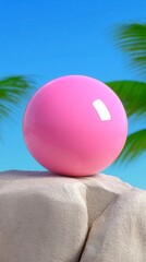 Pink sphere rests on light beige rock against a vibrant blue sky and palm trees. Bright, sunny outdoor scene.