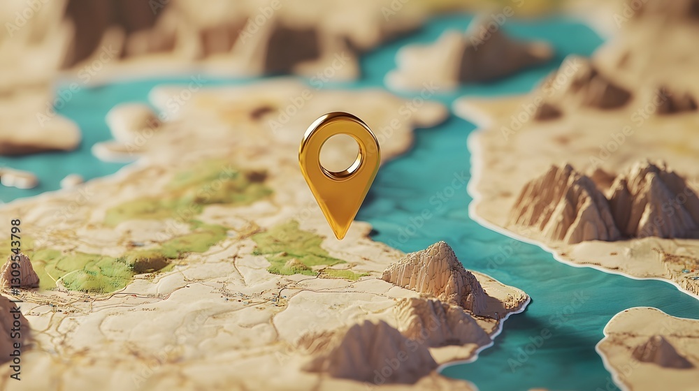 Poster vintage style topographic map with a golden compass pointer indicating a remote rocky mountain lands