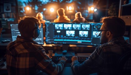 Collaborative software developers engaged in code discussion in modern open plan workspace