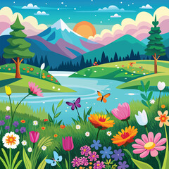 Naklejka premium Vibrant Floral Meadow by a Mountain Lake Under a Starry Night Sky
