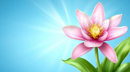 Fototapeta premium Pink water lily flower with green leaves against a bright blue sky background. Sunlight rays are visible.