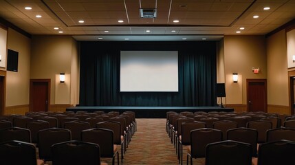 Fototapeta premium Large conference room with a well-lit stage and high-tech presentation setup.