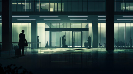 Artistic representation of a modern building at night with figures in shadowy, secretive meeting.