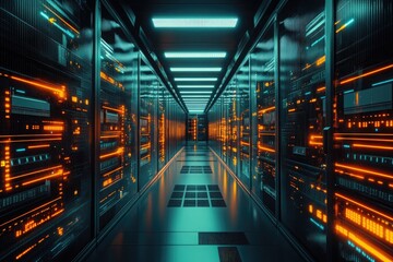 Futuristic Server Room Corridor with Bright Orange and Teal Lighting A Stunning Visualization of Modern Data Center Technology