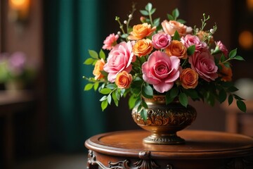 Fototapeta premium Opulent blooms in ornate vase atop carved wooden cart, rich setting , pastel, texture, colorful