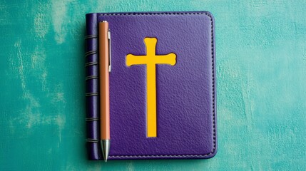 Purple leather notebook with gold cross and brown pen on teal background. Overhead flatlay.