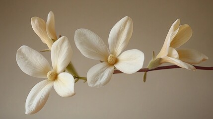 Naklejka premium Three creamy-white magnolia blossoms on a branch against a muted background.