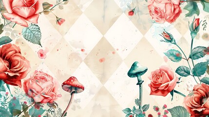 Whimsical Wonderland: Roses, Mushrooms, and a Checkered Dream