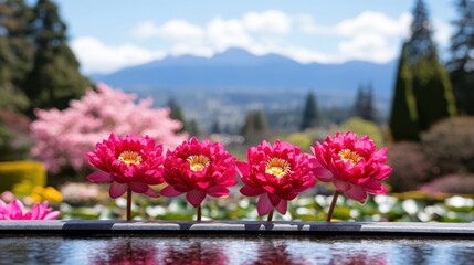 Vibrant pink lotus flowers bloom in a serene garden, reflecting on calm waters with scenic mountains in the background, showcasing nature's beauty.