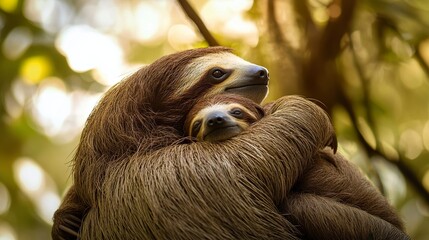 Naklejka premium Cozy baby sloth resting peacefully on its motherâ€™s back swaying gently in the trees soft glowing light cinematic mood 