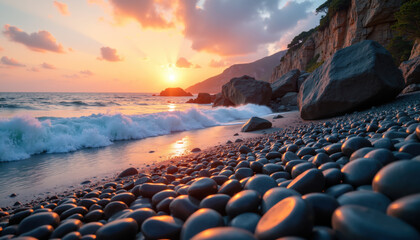 Obraz premium A stunning sunset illuminates the pebble-covered shoreline as waves gently lap against the rocks.