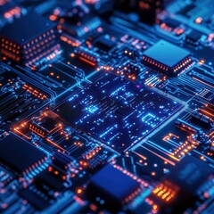 Fototapeta premium Quantum circuit board with photonic elements, advanced AIdriven quantum computing, futuristic digital transformation concept