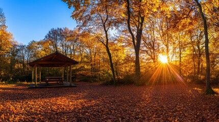 Fototapeta premium A serene autumn scene featuring a gazebo amidst vibrant fall foliage, with sunlight filtering through the trees.