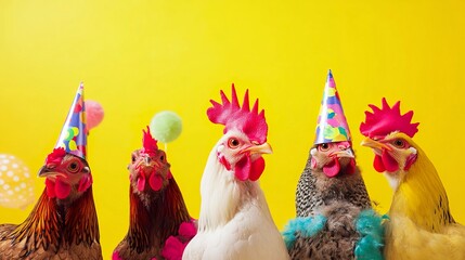 Creative animal concept. Group of chicken in funky Wacky wild mismatch colourful outfits on bright background advertisement, copy space. birthday party invite invitation banner 