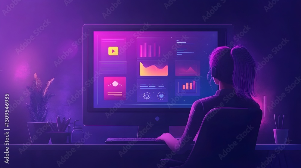 Leinwandbilder woman analyzing data and analytics on futuristic night workspace with glowing neon purple lighting a