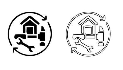 A set of line icons related to construction. Construct, worker, tools, machines, oil, wall, drill, measure, excavator and so on. Vector outline icons set.