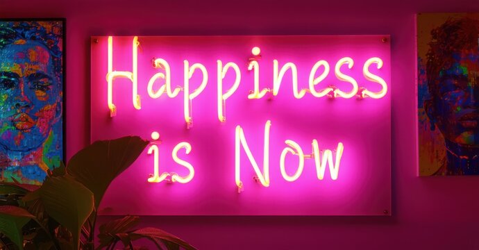 Neon sign happiness is now bright fuchsia gold mounted inside vibrant street art gallery casting soft glows colorful murals - Powered by Adobe