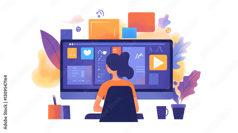Aufkleber Woman sitting at desk using laptop computer with various digital application interfaces and tools in a clean contemporary home or office workspace setting