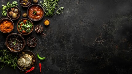 Indian Spices Cooking Ingredients Food Photography Dark Background Delicious Aromatic Cuisine Recipe Preparation Herbs Culinary Black Pepper Chili Red