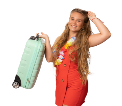 Young smiling woman with long hair holding a suitcase standing isolated over transparent background. PNG transparent