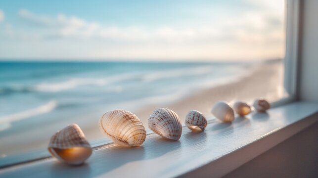 A window view of the ocean with a row of shells on the sill