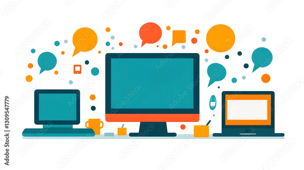 Poster Workspace Setup with Laptops Computers Screens and Digital Devices for Technology Communication and Online Connectivity