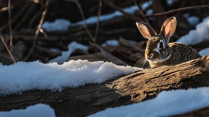 Curious rabbit peeking from behind a snow-covered log warm morning light casting soft shadows deep moody feel  