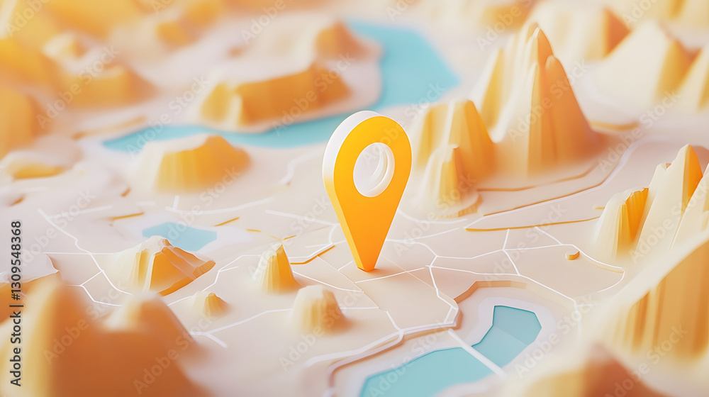 Fototapete yellow map pin icon highlighted on abstract geometric background with triangular shapes and pastel c