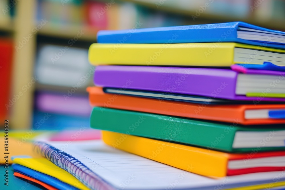 Aufkleber colorful stack of notebooks and notepads arranged on a table in a library setting, highlighting a vi