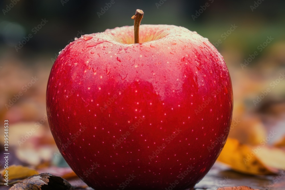 Poster fresh red apple covered in dew rests on a bed of colorful autumn leaves in a serene outdoor setting