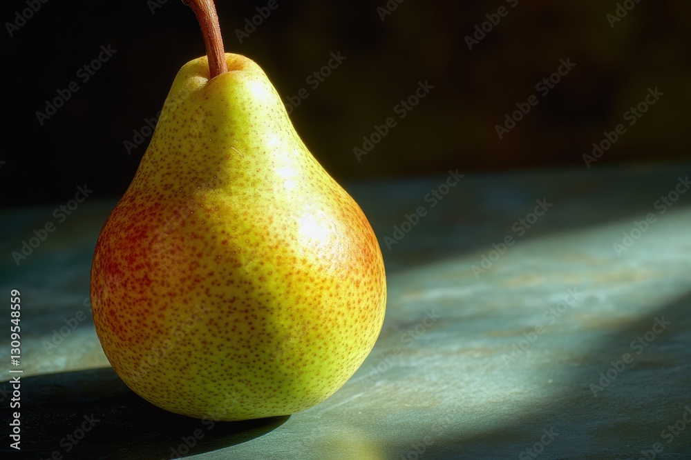 Poster beautiful ripe pear illuminated by soft light on a textured surface in a cozy kitchen setting