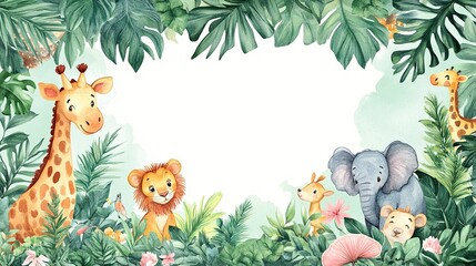 Naklejka premium Cute cartoon safari zoo with animal frame border on background in watercolor style. 