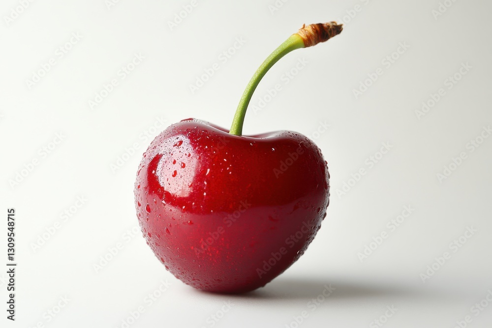 Poster Fresh red cherry with droplets resting on a clean surface illuminated by soft light