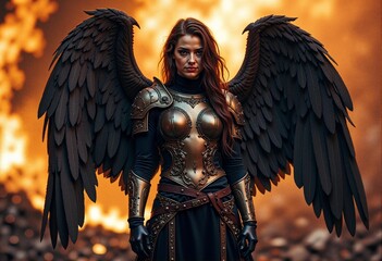 Fototapeta premium Dark fallen angel with black wings and armor - powerful fantasy character for book covers, gaming art, fantasy blogs, and dark mythology storytelling projects